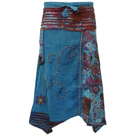 SHOPOHOLIC FASHION Women’s Handmade Embroidered Hippie Flower Patch Boho Long Skirt, Petrol Blue