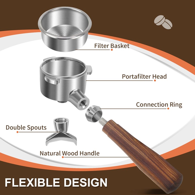 54mm Espresso Double Spouts Portafilter with 3 Ear, Espresso Accessories,Stainless