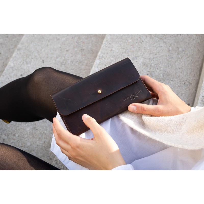 Holzrichter Berlin Women's Wallet (M) Elegant Button Leather Purse Brown