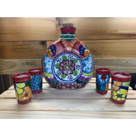 Pueblo Viejo Ceramics Ceramic Talavera 5 Piece Liquor Tequila Drink Set Decanter Shot Glasses Barware