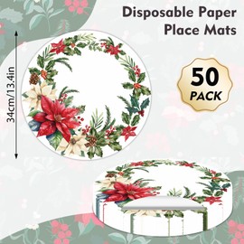 50 Pack Christmas Paper Placemats Disposable Poinsettia Place Mats 13.4 Inch Red Green Christmas Flower Decorative Round Table Mats for Xmas Winter Birthday Wedding Baby Shower Party Supplies