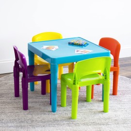 Humble Crew, Blue Table & Red/Green/Yellow/Purple Kids Lightweight Plastic Table and 4 Chairs Set, Square