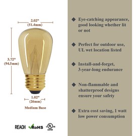 Luxsent Antique Style Edison S16(Enlarged S14) LED Bulb, Amber Warm 2200K, Outdoor Waterproof Shatterproof, 1 W Low Wattage (10W Equivalent), E26 Medium Base, 25 Pack