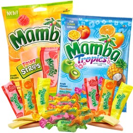 Sweetzo - Mamba Strips and Tropic Chews, Individually Wrapped Fruit Flavored Chewy Candy, Summer 2024 Candies for Goodie Bags and Party Favors, Pack of 2, 7 Ounces