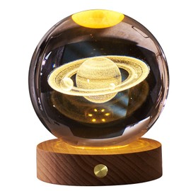 3D Crystal Ball Night Light Rechargeable Battery Soft Light Multifunction Crystal Ball Lamp with Wooden Base for Home Bedroom Saturn