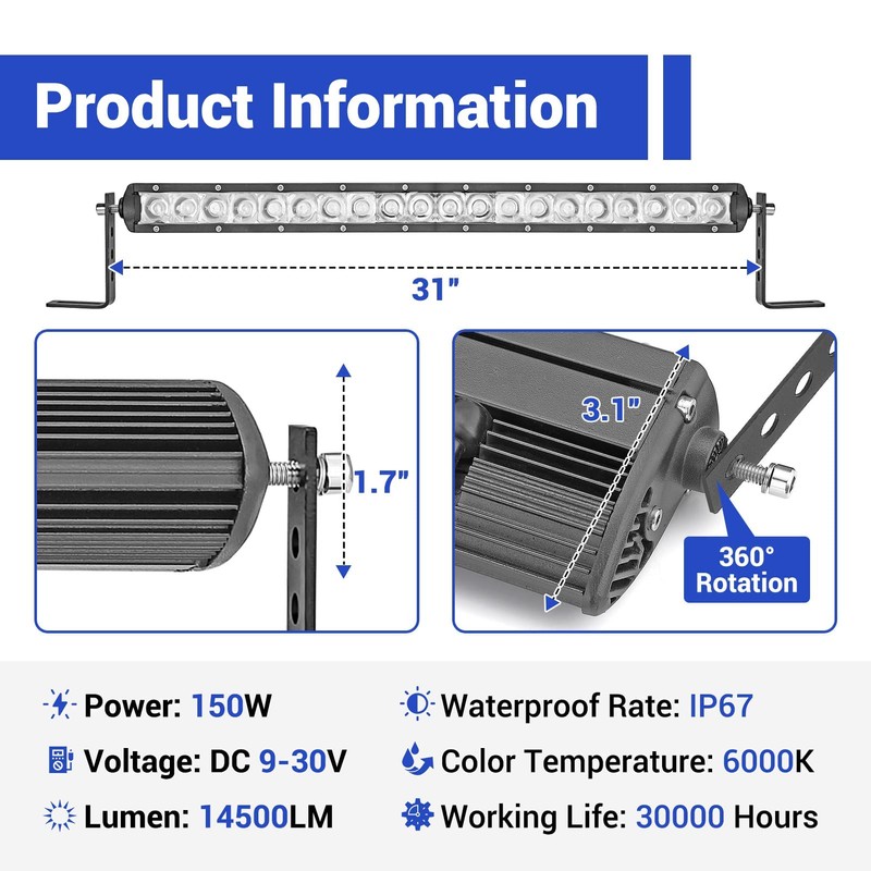 Mofun 22" 150W LED Light Bar Kit & Front Hidden