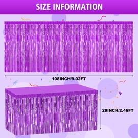 Bouiexye 2 Pack 29.5x108 Inch Purple Foil Tinsel Fringe Table Skirts, Disposable Table Skirts for Rectangle Tables Curtains Backdrop Parade Wedding Floats Baby Shower Birthday Mardi Gras Party
