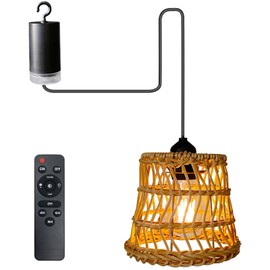 Rattan Pendant Light, Rattan Hanging Lamp, Boho Pendant Lamp, E27 Lampshade, Boho Lampshade, Hanging Light with Remote Control, for Bedroom, Living Room, Outdoor, Indoor, Without Power Connection