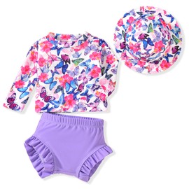 0-3 Months Baby Girl Long Sleeve Swimsuit Two Piece Rash Guard Set Infant Butterfly Bathing Suit with Hat Swimming Beach Wear
