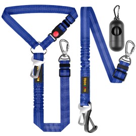 ODOGPETO Dog Seat Belt for Car, Adjustable 4-in-1 Dog Car Seatbelt Leash with Hook & Buckle, Reflective Dog Seatbelt Harness for Car with Vehicle Headrest & Swivel Carabiner and Poop Bag, Royal Blue
