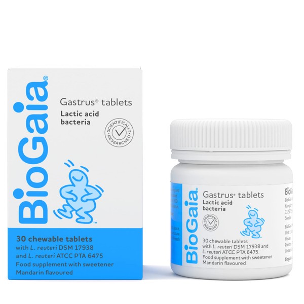 New package BioGaia Gastrus Probiotic Chewable Tablets. 30 Tablets with Mandarin Flavour. Supports good gut health. Safe for long-term, daily use.