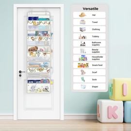 Clastyle Grey Animal Over The Door Organizer with 5 Pockets Elephant Monkey Nursery Hanging Storage Organizer for Kids Clothes Diaper Toy Closet Door Hanging Shelf Storage for Bedroom Bathroom Pantry