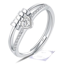 Birthstone Jewellery for Women, Adjustable April Birthstone Cubic Zirconia Ring, Sterling Silver Plated Fidget Gifts, White Anxiety Heart Rings for Daughter Birthday Christmas