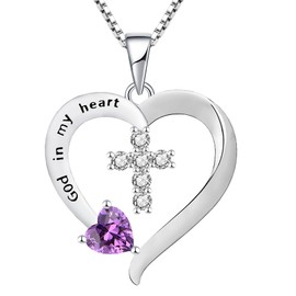 YL Women's Heart Cross Necklace 925 Sterling Silver Created Amethyst God in my heart'' Pendant Crucifix Jewelry