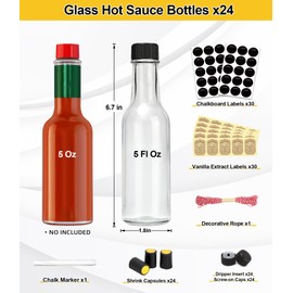 GMISUN Hot Sauce Bottles 5 oz, 24 Pack Vanilla Extract Bottles with Shrink Capsules, Glass Woozy Bottle with Labels, Funnel, Caps, Dripper Inserts, for Homemade Hot Sauces, Dressing