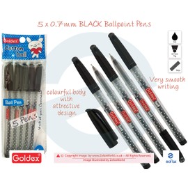 Goldex 5 x 0.7mm Ball Pens Cotton Doll Ball Point Pen BLACK Biro Ballpoint Pens