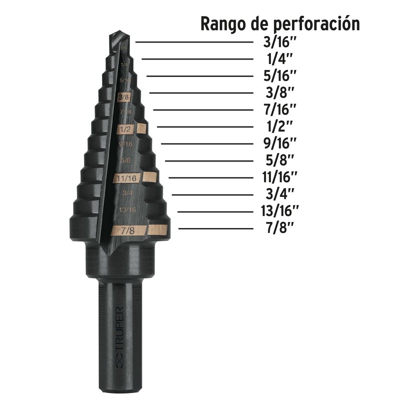 Truper BES-12, Broca escalonada óxido negro 12 escalones 3/16" a