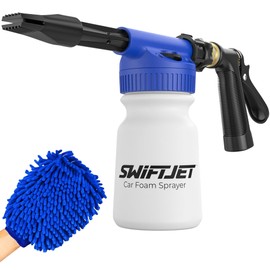 SwiftJet Car Wash Foam Gun + Microfiber Wash Mitt - Foam Cannon Works with Any Soap - Garden Hose Car Foam Sprayer - Car Wash Kit - Car Accessories Foam Blaster (Blue Foam Gun with Mitt)