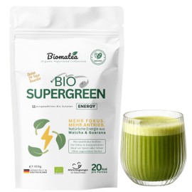 Biomatea Supergreen Energy - Superfood Powder with Matcha & Guarana - Natural Caffeine - Green Pre Workout Powder, for Focus & Energy - Vegan - 100g
