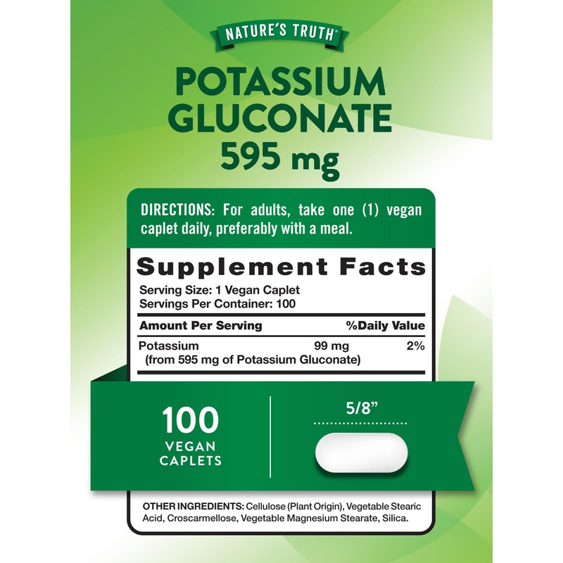 Nature's Truth Potassium Gluconate 595mg | 100 Caplets | Vegan,
