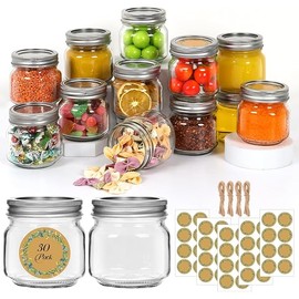 30 Pack Mason Jars 8 oz with Lids And Bands, Half Pint Canning Jars, 1/4 Quart Small Glass Jars with 40 Free Labels for Jam, Pickles And DIY