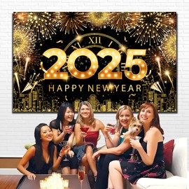 Happy New Year 2025 Fabric Backdrop Banner, New Year Poster Party Decorations Photo Props Background Décor for Garage Wall