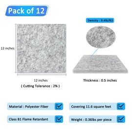 BXI Thickened Sound Absorbing Panels - 12 Pack 12 X 12 X 0.5 Inches Dense Acoustic Panels, Echo Noise Reducing Sound Panels, Tackable Studio Panels for Wall and Ceiling Acoustic Treatment