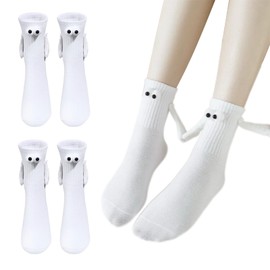Magnetic Holding Hands Socks, 2 Pairs Funny Couple Socks, Novelty Crazy Socks for Women Men Valentine Gift and Teens Friendship (White 3D Eyes)