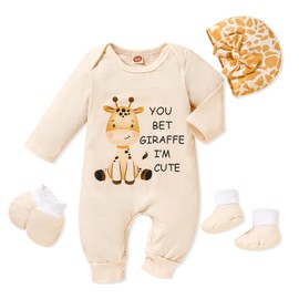 Sinhoon Newborn Baby Girl Romper Infant Letter Print Bodysuit Jumpsuit+Hat+Gloves+Socks 4Pcs Cute Coming Home Clothes Outfit Set (Beige-Giraffe, 3-6 Months)