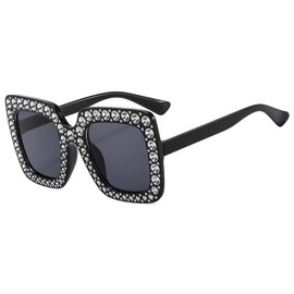 IKUVNA Oversized Crystal Rhinestone Sunglasses for Women Men Thick Frame Bling Glasses Sparkling Disco Glasses (Black)