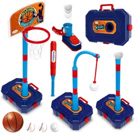 4 in 1 Basketball Hoop for Kids 1-3, 3-5, Toddler Basketball Goal and T Ball Set, Adjustable Basketball Hoop, Indoor Outdoor Sports Toys, Birthday Gifts for Kids Boys 1 2 3 4 5 Years Old