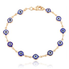 Two Year Warranty Gold Overlay with Navy Blue Mini Evil Eye Style 7.5 Inch Clasp Bracelet