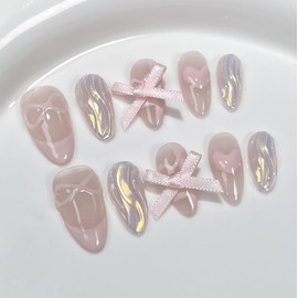TENPAL French Tip Press On Nails Short Almond Nude Pink Gel Fake Nails With Glue Aurora French False Nails With Sparkling Waves 3D Bow 10pcs/Box Lovely Sweet Cute Acrylic Stiletto Nail Tips(XS)