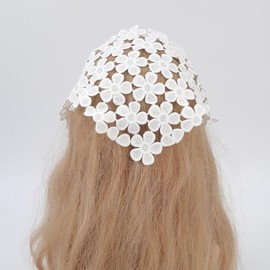 Hair Bandana for Women White Embroidery Bandana Adjustable Head Kerchief Lace Flower Head Scarf Vintage Knitted Headband Hair Accessories for Women Girls