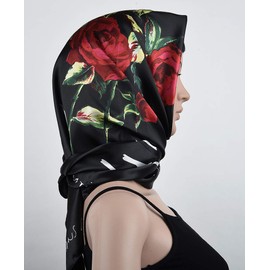 corciova Large Square Tie Satin Headscarf Silk Like Lightweight Scarf Hair Sleeping Wrap for Women Black Rose Floral Bandana