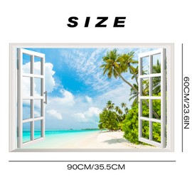 Beach Palm Stree Fake Window Wall Stickers Nature Landscape Wall Decals Faux Window Poster Removable Coconut Tree Wall Mural for Family Living Room, Background Wall Decoration, Office, 35.5"x23.6"