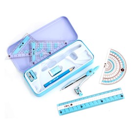 waremew 8 Pcs Compass/Math Set for Students with Shatterproof Storage Box, Geometry Set for School, Includes Ruler, Protractor, Compass, Pencil,Pencil Sharpener and Eraser,etc. Perfect Gift