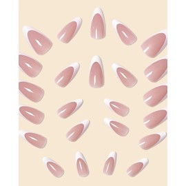 24-Piece Long Almond French Press-On Nails Kit, White Tips, Full Coverage Artificial Nails with File