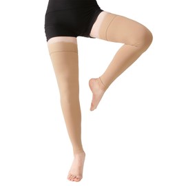 Thigh High Compression Stocking Footless - Pair, Thigh-Hi Leg Compression Sleeves Unisex, 20-30mmHg Gradient Compression with Silicone Band, Opaque, Best for Varicose Veins, Edema, Swelling, Beige L