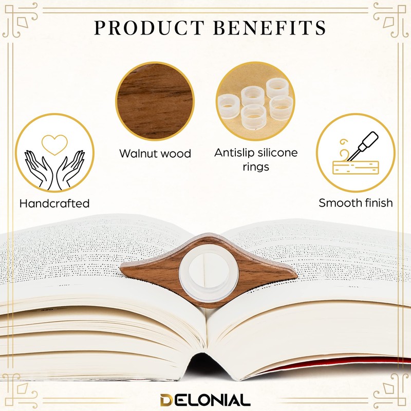 DELONIAL Book Page Holder with 5 Adjustable Rings, Handmade Natural