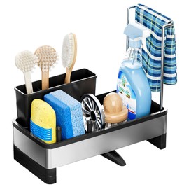 Ewaiira Stainless Steel Sink Caddy, Sponge Holder for Kitchen Sink with Brush Holder & Dishcloth Rack, Rustproof sink Organizer Countertop, Soap Dispenser Kitchen Organizers Storage Essentials, Black