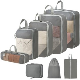 Suitcase Organiser Set, 8 Pieces, Compressible Packing Cubes for Organising Your Luggage, Compression Packing Cube, Suitcase Organiser for Holidays and Travel, Organiser System for Suitcases, Grey