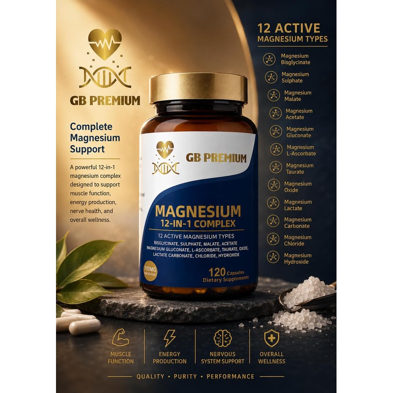 GB Premium Magnesium 12-in-1 Complex, 700mg per Serving, with Bisglycinate,