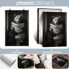 Brown Bear Bathroom Decor, Funny Brown Bear On Toilet Read Newspapers Poster, Black And White Animal Art Canvas Print For Bathroom Decor 12x18 In Unframed