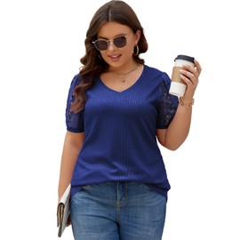 Halife Plus Size Tops for Women Spring 2024 Trendy Waffle Knit V Neck Sweaters Royal Blue XXXL