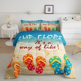 Beach Comforter Set Queen Size Watercolor Flip Flops Bedding Set 3pcs for Kids Boys Teens Girls Room Decor Ocean Beach Holiday Quilted Duvet Romantic Hawaii Style Duvet Insert,2 Pillowcases