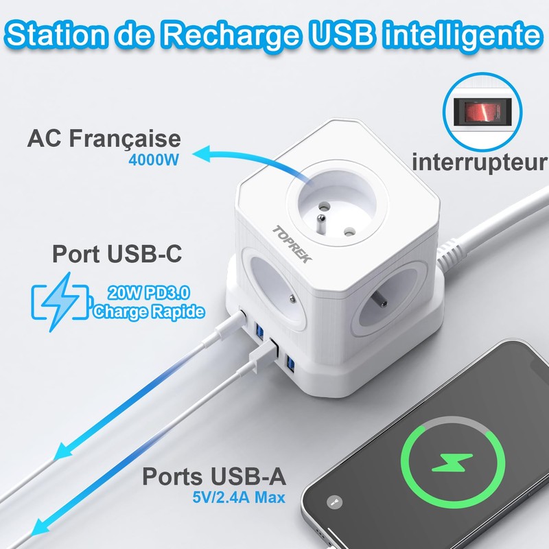 Multiprise USB Cube, TOPREK Cube Rallonge Multiprise 2M Avec 5