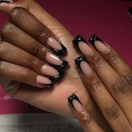 Hkanlre Medium Black Press on Nails French Fake Nails Tips Full Cover Square French False Nails for Women 24PCS