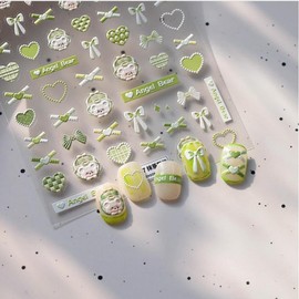 Heart Nail Art Stickers Bear Nail Decals Green Brown Nail Sticker 5D Embossed Self Adhesive with Bow Design for Women Girls Kid Manicure Decoration Accessories