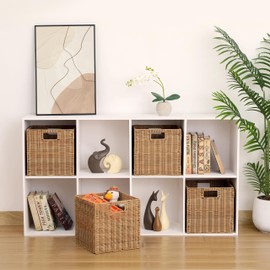 10.5 x 10.5 in Plastic Wicker Baskets for Cube Storage, Collapsible Square Wicker Storage Basket Set of 4, Rattan Storage Cube, Square Baskets for Shelves - Khaki
